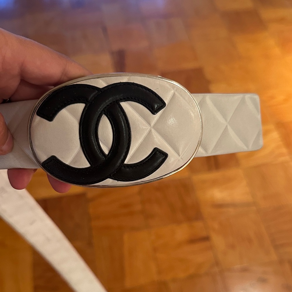 Chanel White Belt with Black Accent